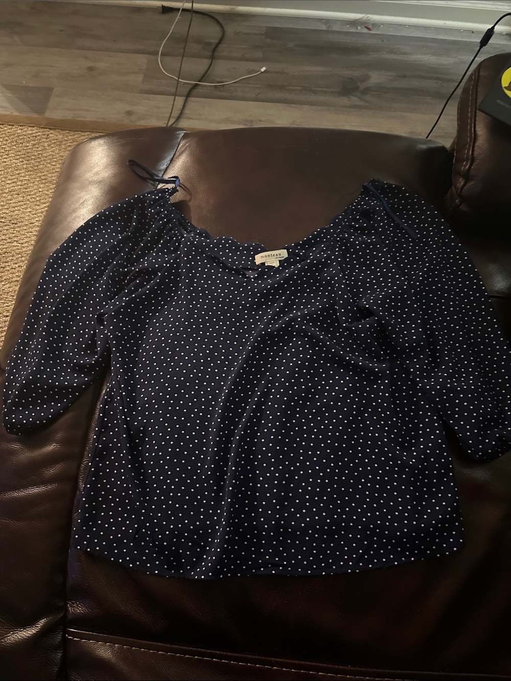 Monteau Navy and White Polka Dot Off-Shoulder Blouse